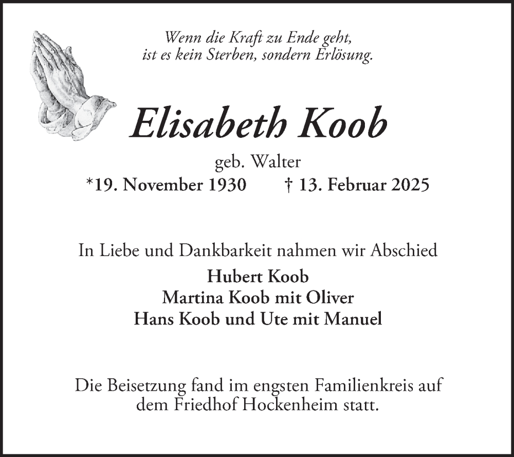  Traueranzeige für Elisabeth Koob vom 08.03.2025 aus Schwetzinger Zeitung