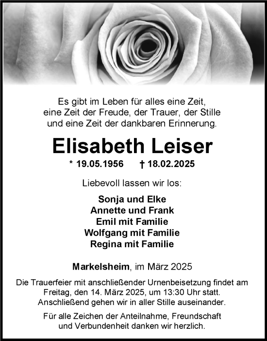 Traueranzeige von Elisabeth Leiser von Fränkische Nachrichten