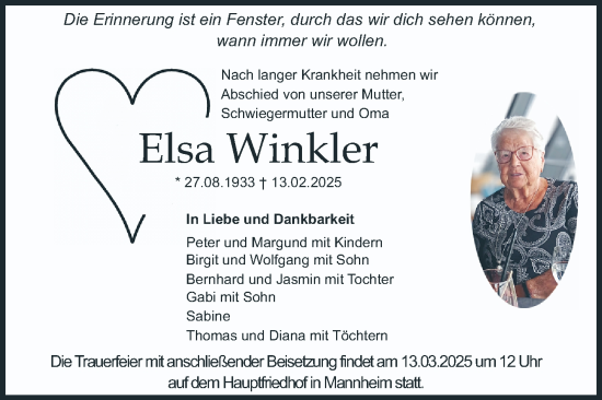 Traueranzeige von Elsa Winkler von Mannheimer Morgen
