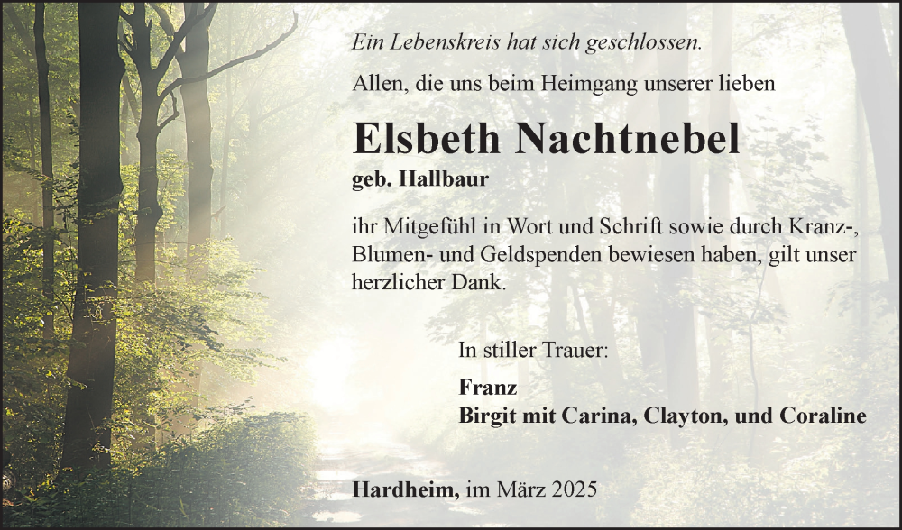  Traueranzeige für Elsbeth Nachtnebel vom 10.03.2025 aus Fränkische Nachrichten