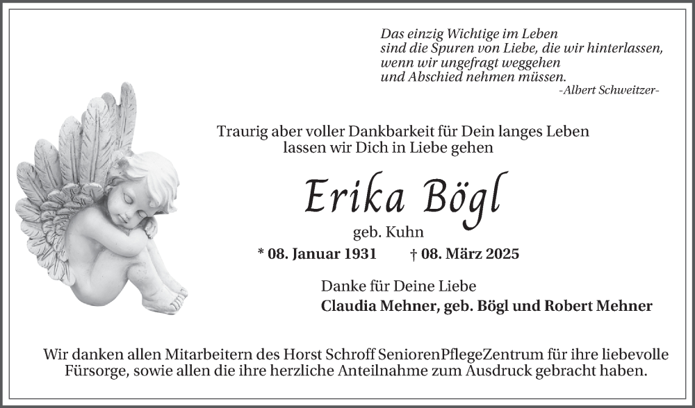  Traueranzeige für Erika Bögl vom 22.03.2025 aus Mannheimer Morgen