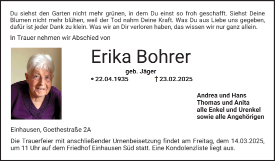 Traueranzeige von Erika Bohrer von Bergsträßer Anzeiger