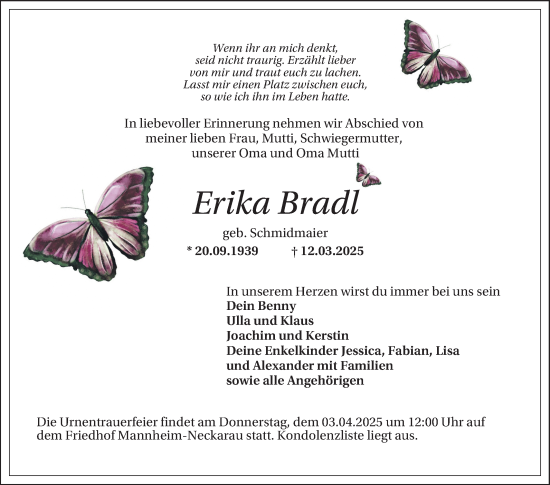 Traueranzeige von Erika Bradl von Mannheimer Morgen