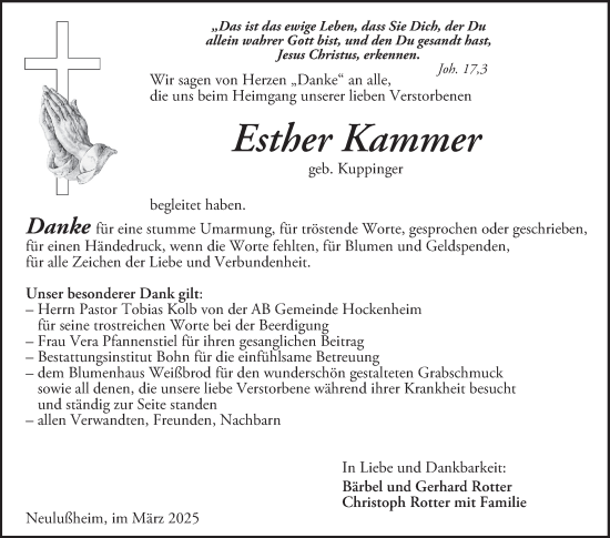 Traueranzeige von Esther Kammer von Schwetzinger Zeitung