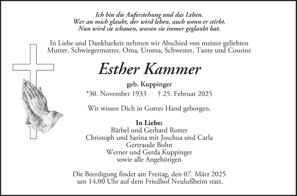  Traueranzeige für Esther Kammer vom 04.03.2025 aus Schwetzinger Zeitung