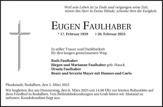 Traueranzeige von Eugen Faulhaber von Schwetzinger Zeitung