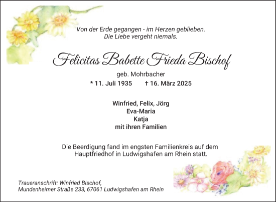 Traueranzeige von Felicitas Babette Frieda Bischof von Mannheimer Morgen