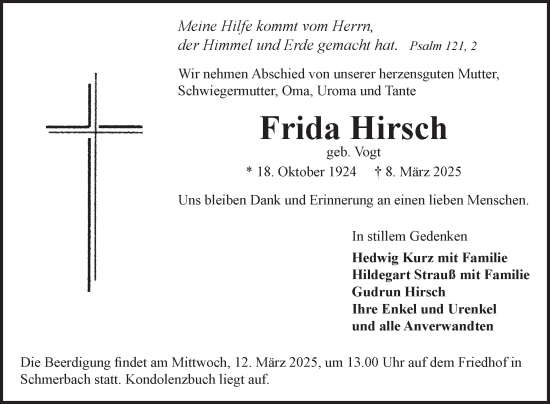 Traueranzeige von Frida Hirsch von Fränkische Nachrichten