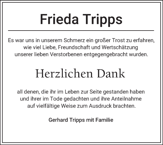 Traueranzeige von Frieda Tripps von Fränkische Nachrichten
