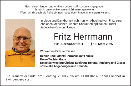 Traueranzeige von Fritz Herrmann von Bergsträßer Anzeiger