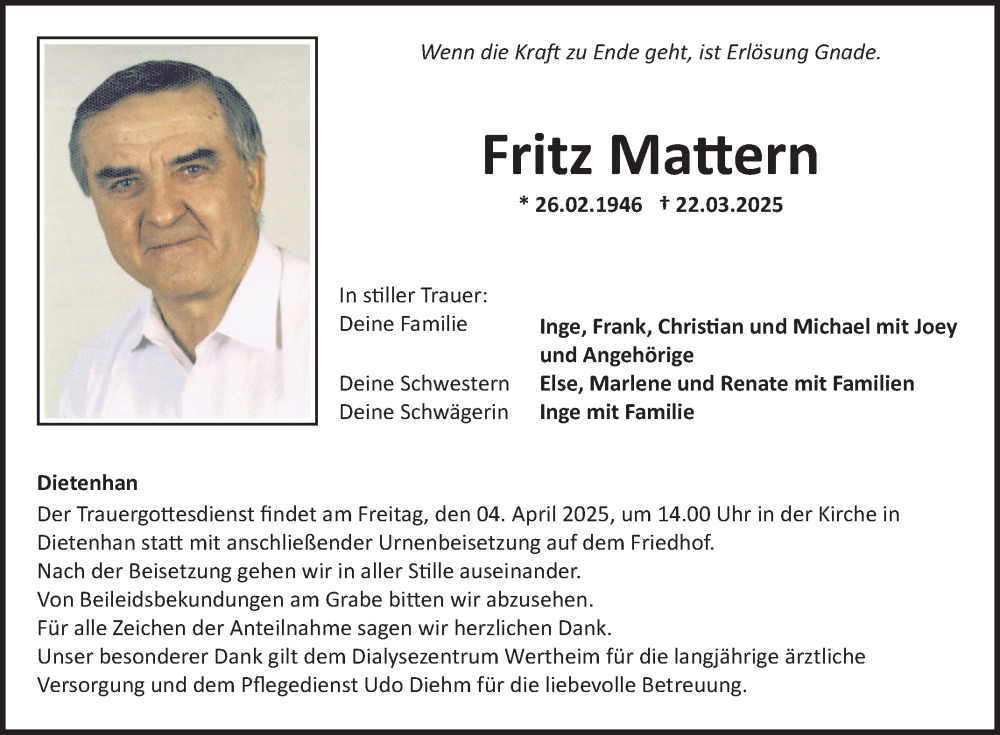  Traueranzeige für Fritz Mattern vom 29.03.2025 aus Fränkische Nachrichten
