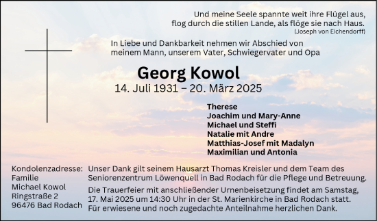 Traueranzeige von Georg Kowol von Fränkische Nachrichten