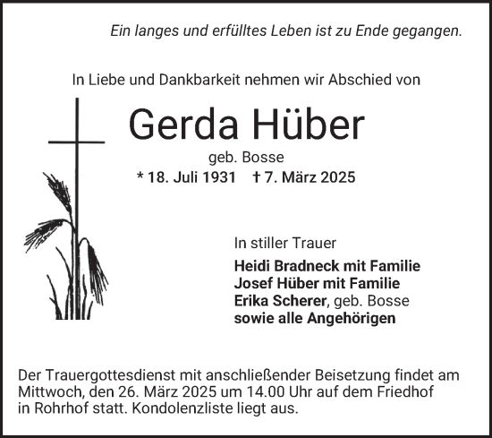 Traueranzeige von Gerda Hüber von Schwetzinger Zeitung