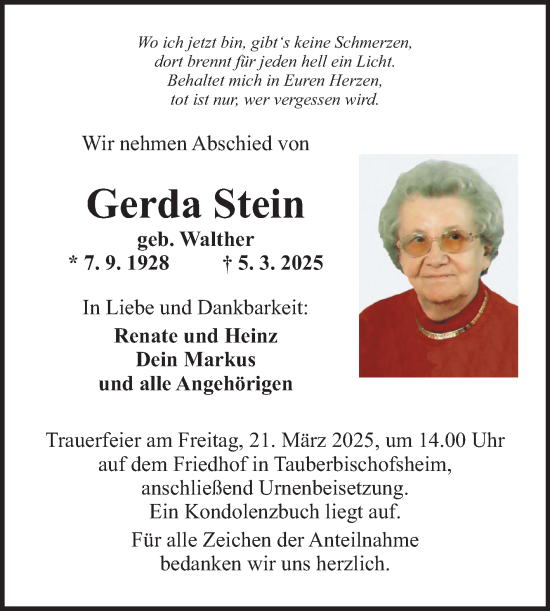 Traueranzeige von Gerda Stein von Fränkische Nachrichten