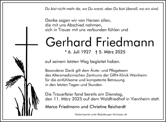 Traueranzeige von Gerhard Friedmann von Mannheimer Morgen