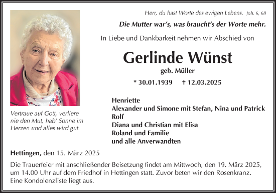 Traueranzeige von Gerlinde Wünst von Fränkische Nachrichten