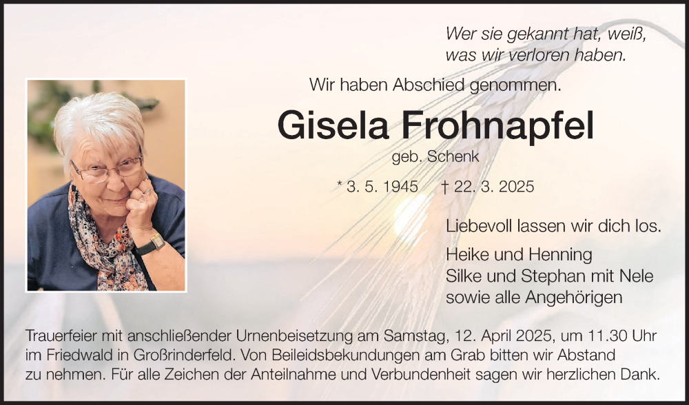  Traueranzeige für Gisela Frohnapfel vom 29.03.2025 aus Fränkische Nachrichten