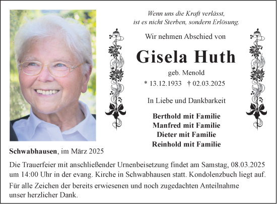Traueranzeige von Gisela Huth von Fränkische Nachrichten