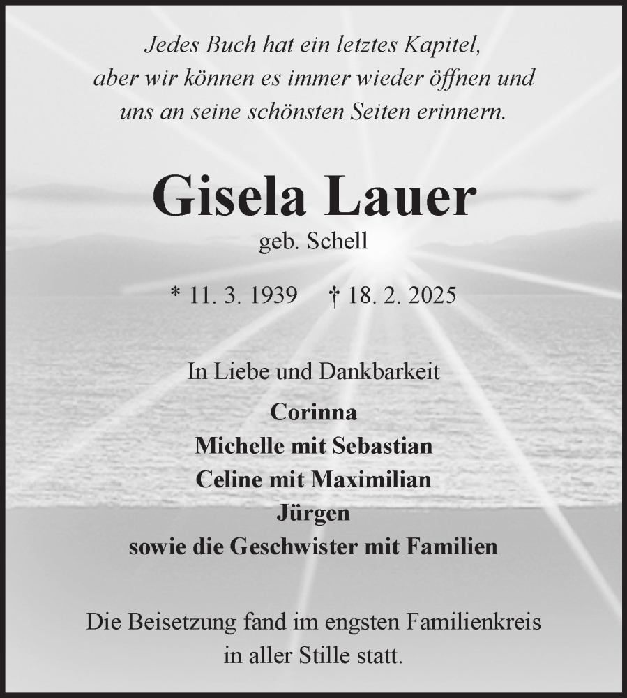  Traueranzeige für Gisela Lauer vom 10.03.2025 aus Fränkische Nachrichten