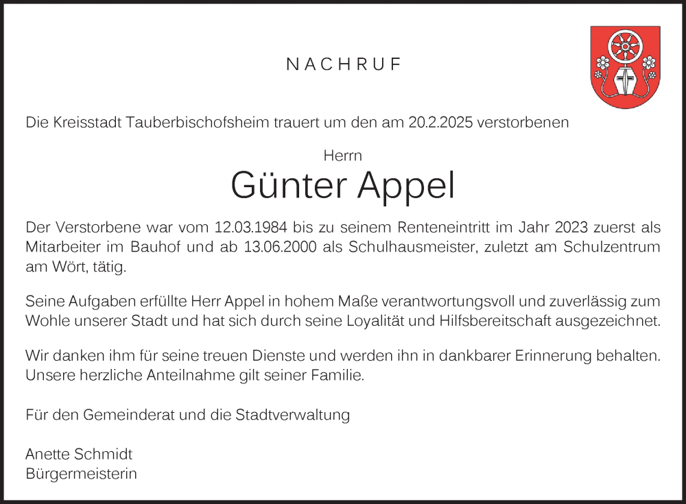  Traueranzeige für Günter Appel vom 11.03.2025 aus Fränkische Nachrichten