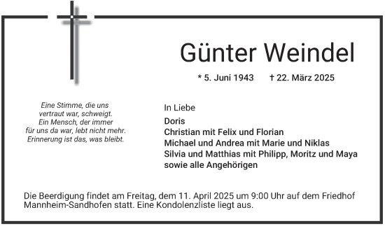 Traueranzeige von Günter Weindel von Mannheimer Morgen