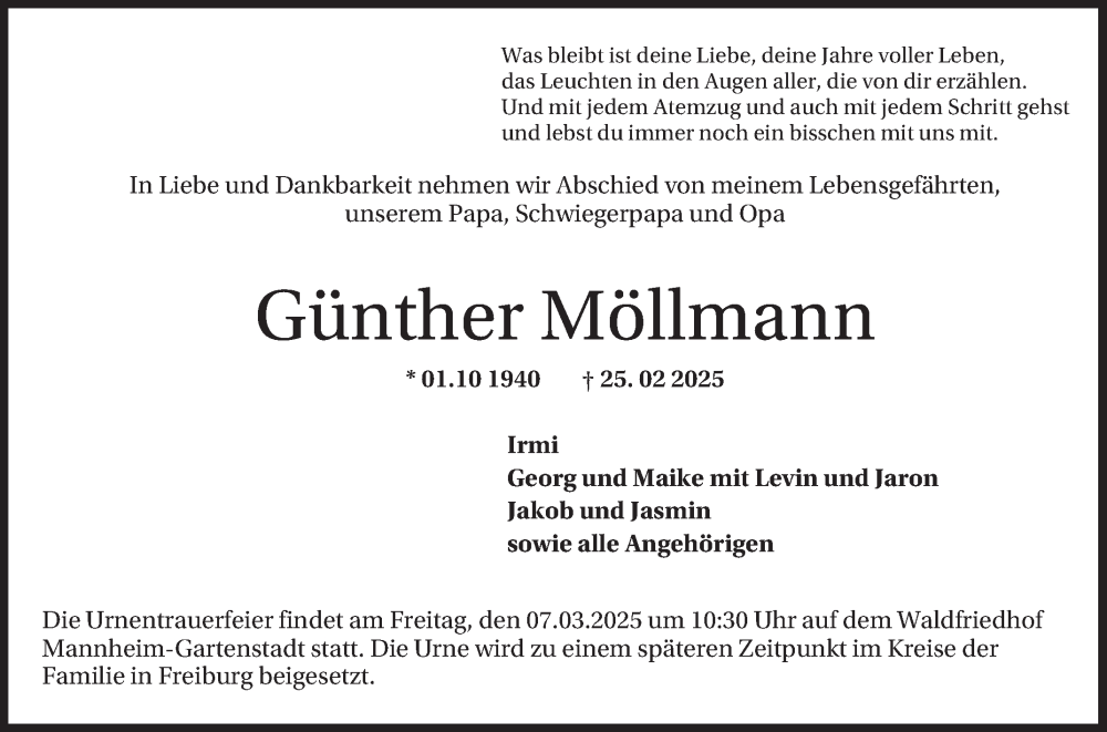 Traueranzeige für Günther Möllmann vom 04.03.2025 aus Mannheimer Morgen