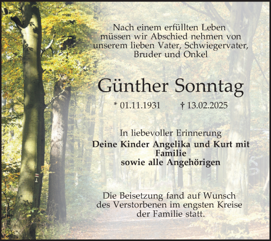 Traueranzeige von Günther Sonntag von Mannheimer Morgen