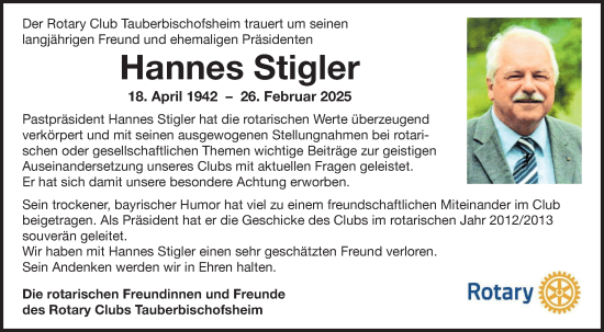 Traueranzeige von Hannes Stigler von Fränkische Nachrichten