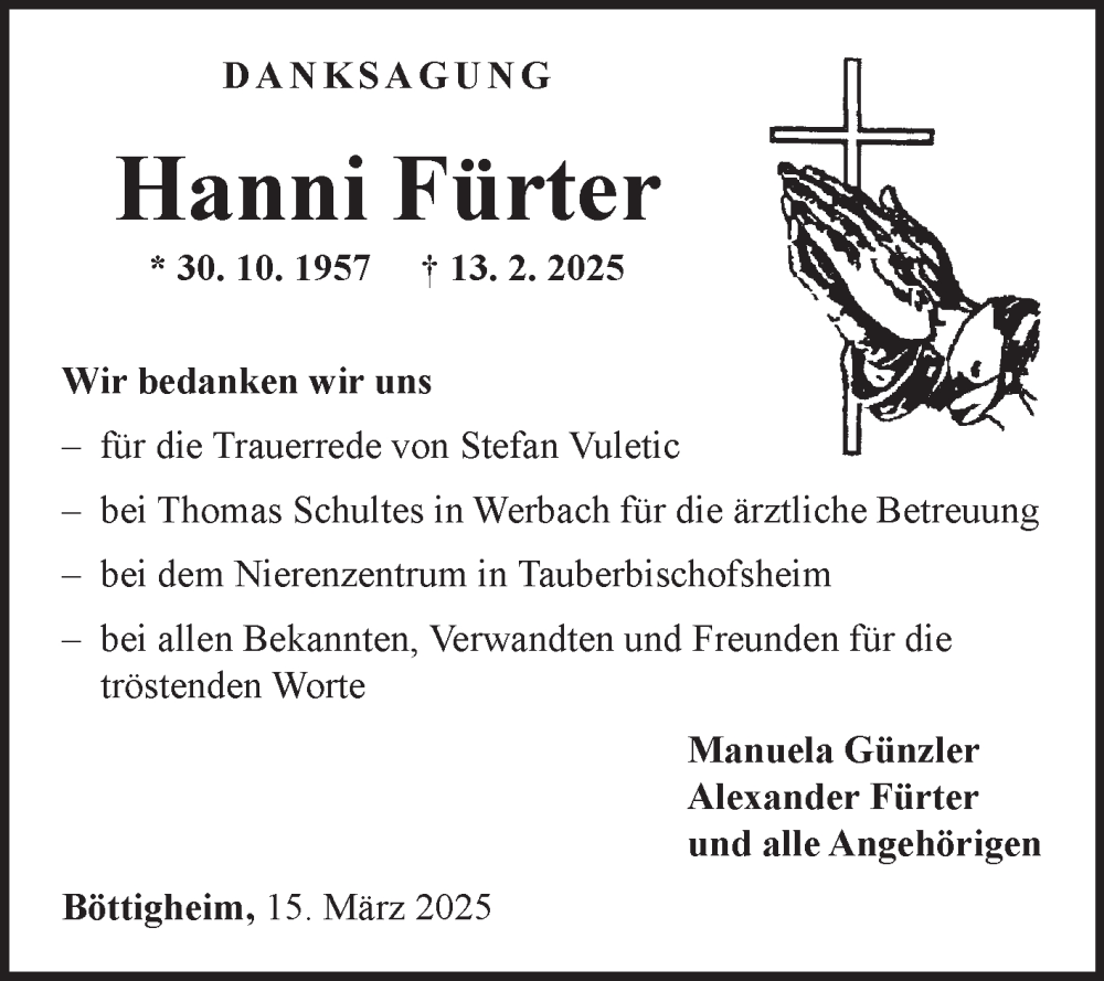  Traueranzeige für Hanni Fürter vom 15.03.2025 aus Fränkische Nachrichten