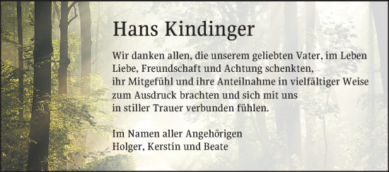 Traueranzeige von Hans Kindinger von Bergsträßer Anzeiger