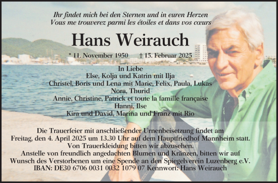 Traueranzeige von Hans Weirauch von Mannheimer Morgen