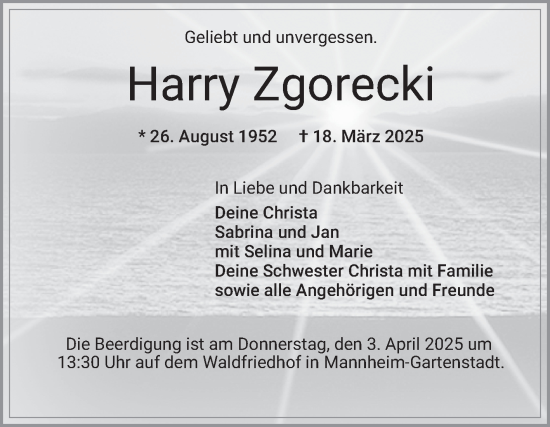 Traueranzeige von Harry Zgorecki von Mannheimer Morgen