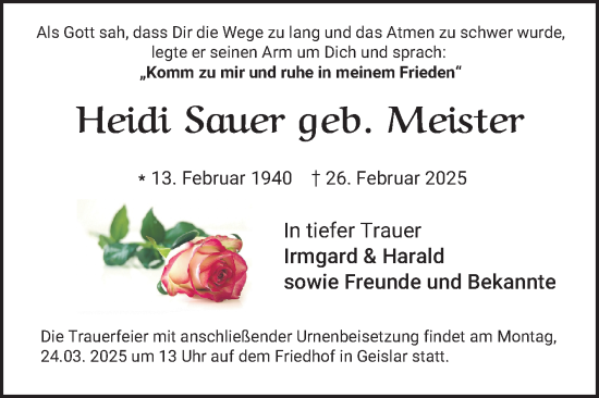 Traueranzeige von Heidi Sauer von Mannheimer Morgen