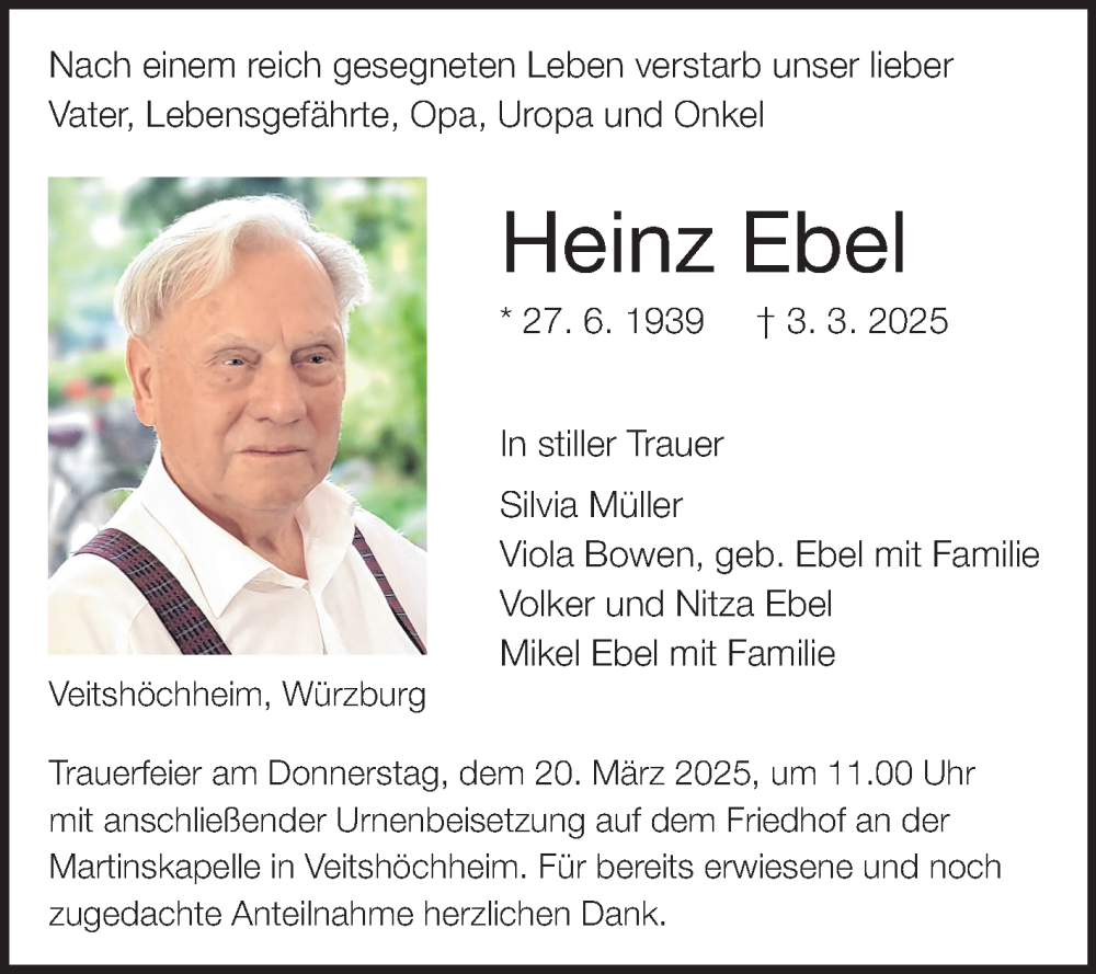  Traueranzeige für Heinz Ebel vom 15.03.2025 aus Fränkische Nachrichten
