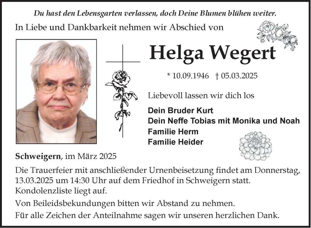  Traueranzeige für Helga Wegert vom 11.03.2025 aus Fränkische Nachrichten