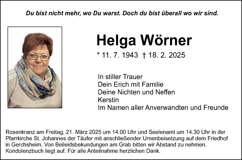  Traueranzeige für Helga Wörner vom 15.03.2025 aus Fränkische Nachrichten