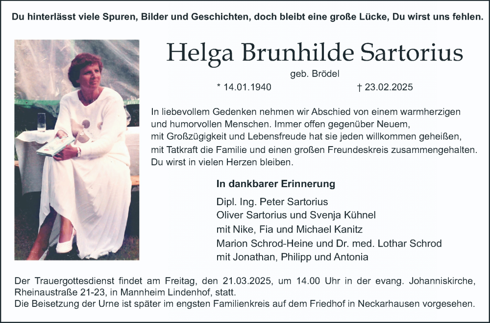  Traueranzeige für Helga Brunhilde Sartorius vom 08.03.2025 aus Mannheimer Morgen