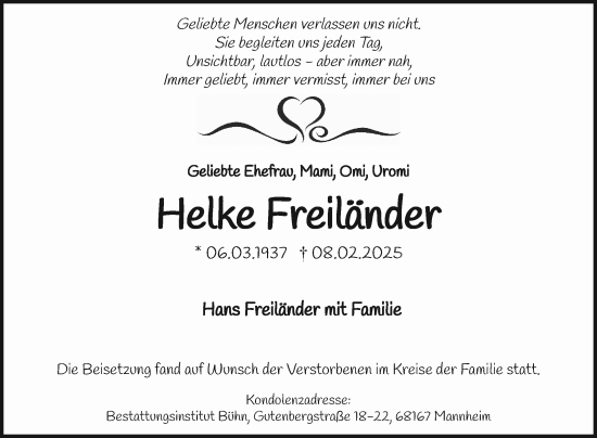 Traueranzeige von Helke Freiländer von Mannheimer Morgen