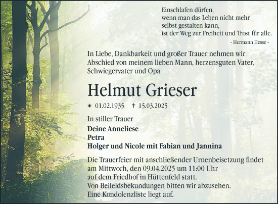 Traueranzeige von Helmut Grieser von Mannheimer Morgen