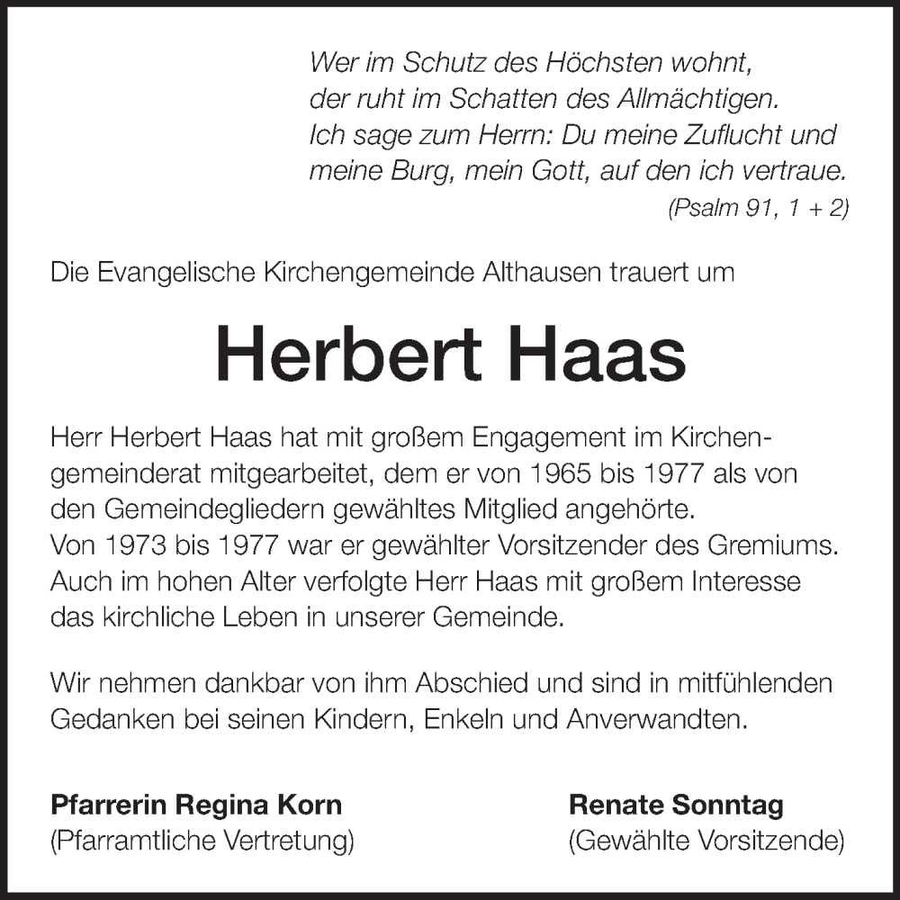  Traueranzeige für Herbert Haas vom 15.03.2025 aus Fränkische Nachrichten