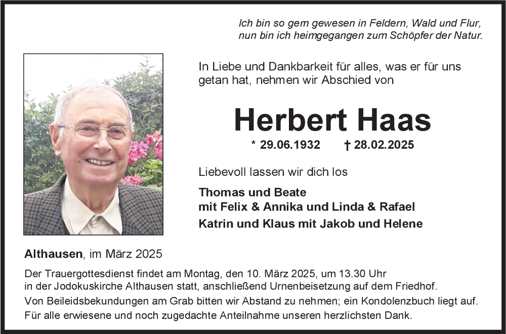  Traueranzeige für Herbert Haas vom 06.03.2025 aus Fränkische Nachrichten