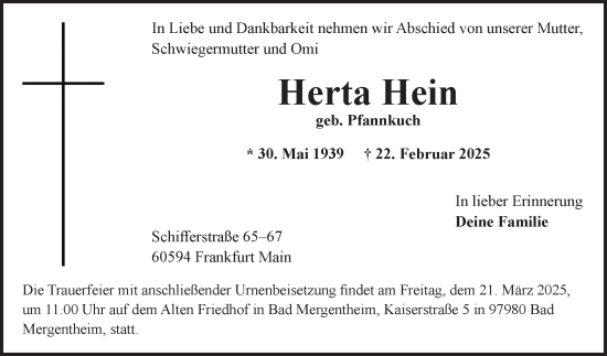 Traueranzeige von Herta Hein von Fränkische Nachrichten