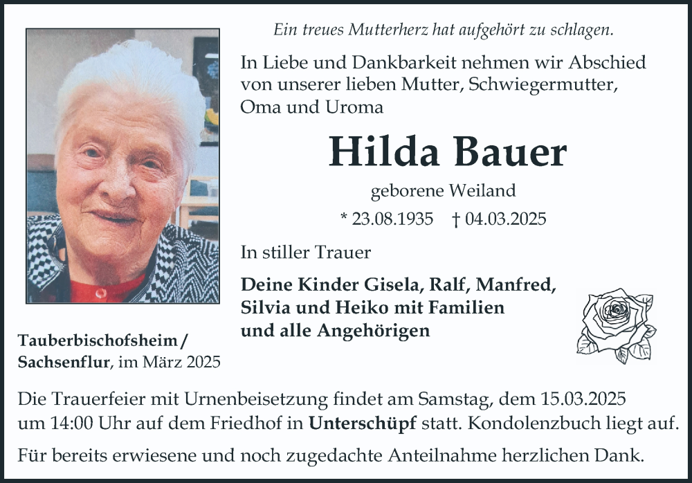  Traueranzeige für Hilda Bauer vom 08.03.2025 aus Fränkische Nachrichten