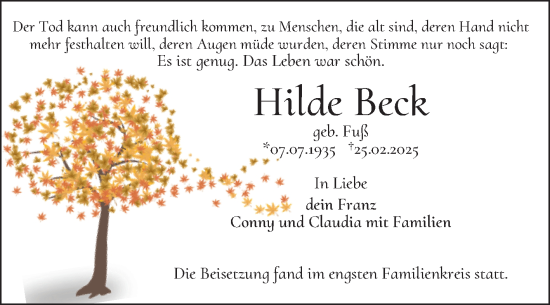 Traueranzeige von Hilde Beck von Mannheimer Morgen