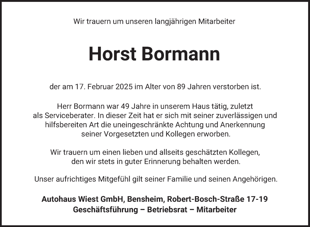  Traueranzeige für Horst Bormann vom 08.03.2025 aus Bergsträßer Anzeiger