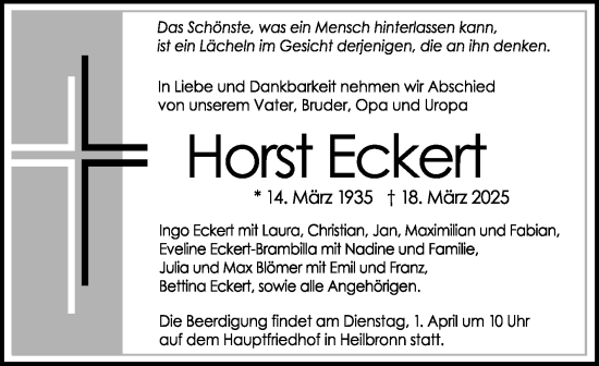 Traueranzeige von Horst Eckert von Fränkische Nachrichten