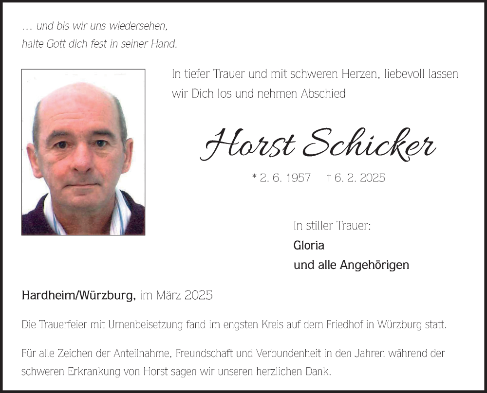  Traueranzeige für Horst Schicker vom 15.03.2025 aus Fränkische Nachrichten