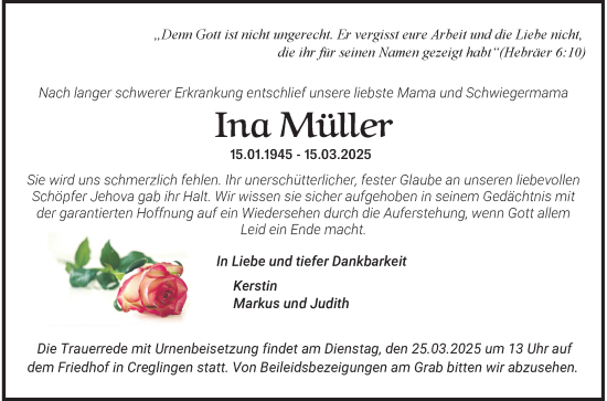 Traueranzeige von Ina Müller von Fränkische Nachrichten