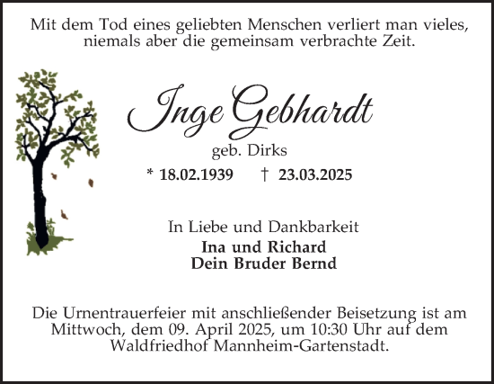Traueranzeige von Inge Gebhardt von Mannheimer Morgen