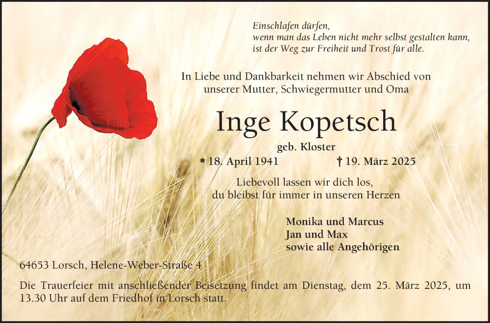  Traueranzeige für Inge Kopetsch vom 22.03.2025 aus Bergsträßer Anzeiger